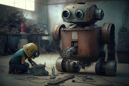 Abandoned industrial robot working in an abandoned factoryの素材