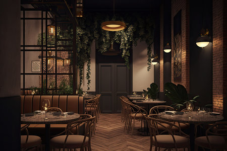 Luxury restaurant interior with wooden floor and furnitureの素材