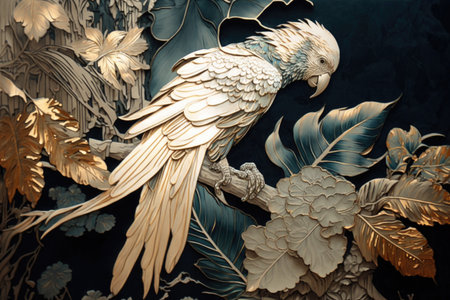 Close-up of gold parrot on black backgroundの素材