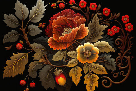Abstract floral background with autumn leaves and flowers in folk styleの素材