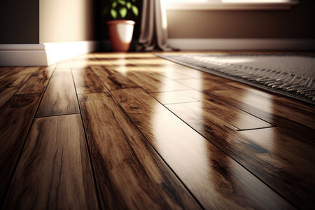 Wooden floor in a room with a window and a vaseの素材