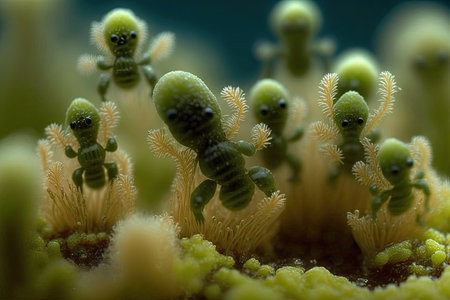 A closeup of a group of green worms on a flowerの素材