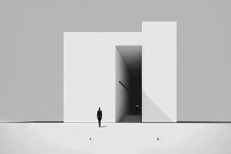 Businessman looking at a door in the white roomの素材