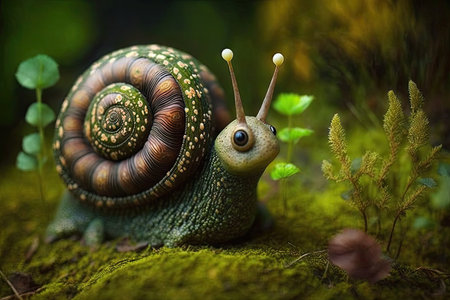 Snail on a mossy forest floorの素材