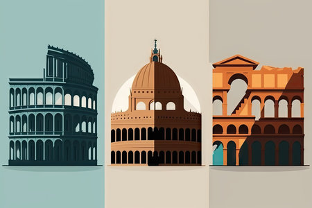 Illustration of the world's famous landmarks separated by stripesの素材