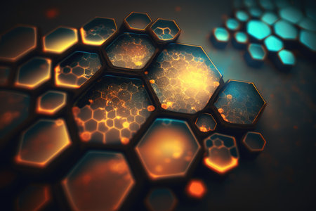 Abstract hexagonal honeycomb glowing next to blue onesの素材