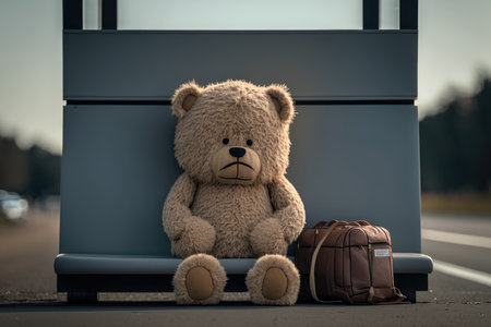 Teddy bear sitting on the bus stop and waiting for transportの素材