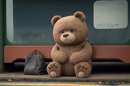 Teddy bear waiting for a train at the stationの素材