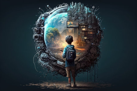 Little boy exploring the world of outer spaceの素材