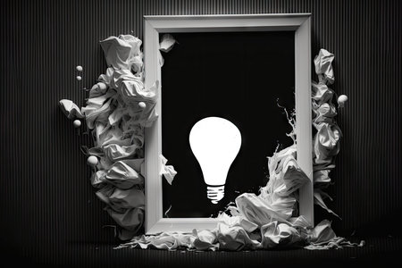 Black and white photo frame with light bulb and crumpled paperの素材