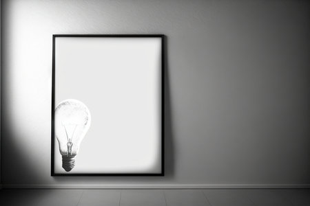 Lightbulb in black frame on gray wallの素材