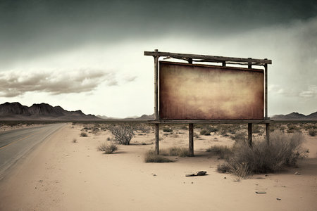 Blank billboard in the middle of the desert with a dramatic skyの素材