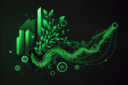 Abstract technology background with green leaves and buildingsの素材
