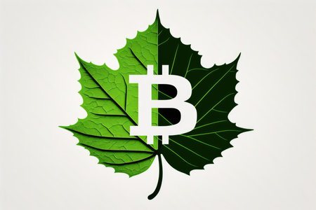 Green leaf with bitcoin symbol on white background. Cryptocurrency conceptの素材