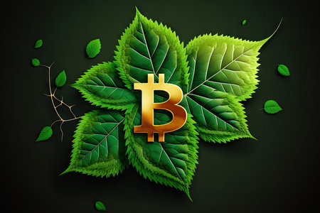 Bitcoin sign with green leaves on dark green backgroundの素材