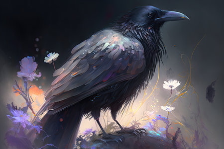 Black raven in a meadow with flowersの素材