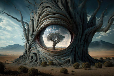 Fantasy landscape with a tree in the shape of an eyeの素材