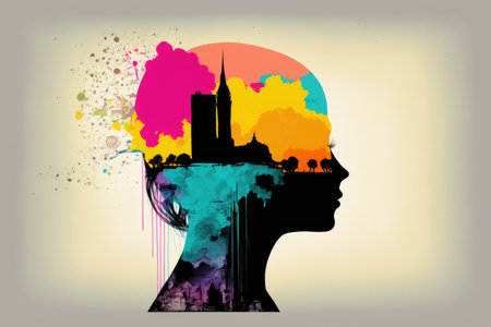 Silhouette of a woman's head. Silhouette of a girl with a cityscapeの素材