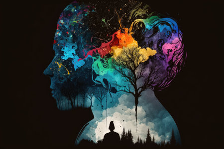 Silhouette of a man in front of a tree with colorful brainの素材