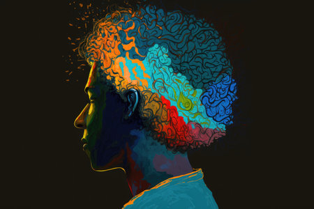 Double exposure of a man with blue and red brain on black backgroundの素材