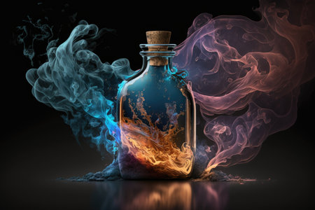 Colorful magic potion in a bottle with fire and smoke on black backgroundの素材