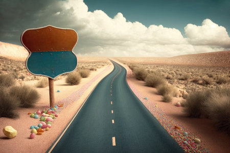 Road in the desert with blank signpostの素材