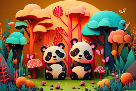 Cute panda family in the forestの素材