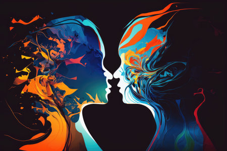 Two women face in profile. colorful abstract backgroundの素材