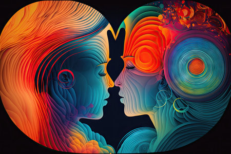 Double exposure of two female faces. colorful abstract backgroundの素材