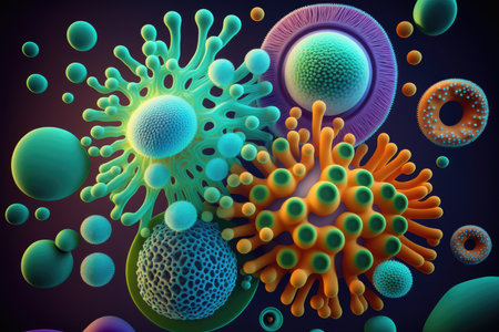 Cluster of various multicolored round viruses with spikesの素材