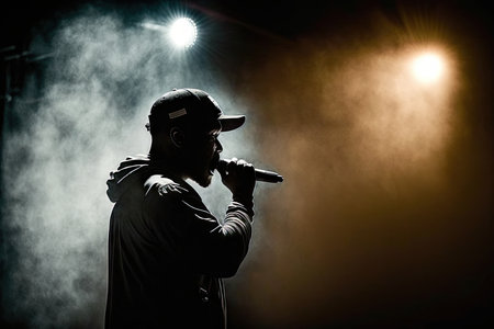 Silhouette of a male singer standing alone in front of stage lights in the darknessの素材