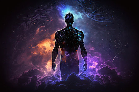 Silhouette of a man standing in space surrounded by stars and nebulaの素材