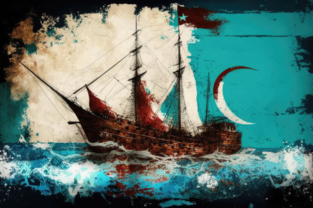 Old pirate ship on the watercolor background. vintage style illustrationの素材