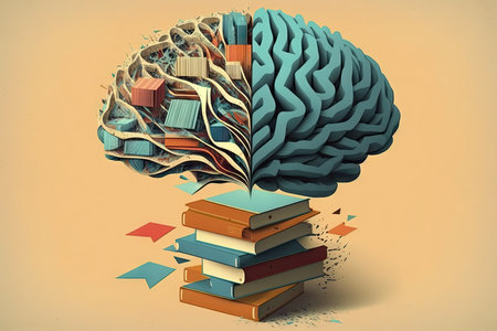 Brain of books and containers on yellow backgroundの素材