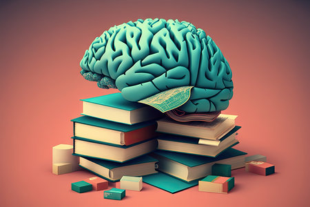 Human brain and books on a red backgroundの素材