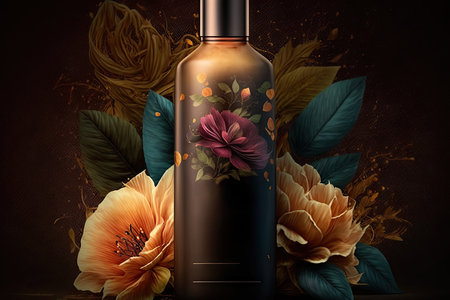 Cosmetic bottle with floral design on dark backgroundの素材