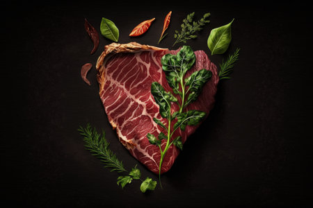 Raw beef steak with herbs and spices on black background, top viewの素材