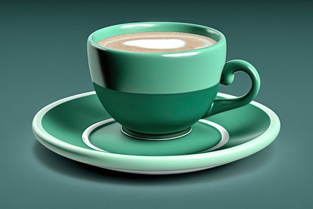 Cup of coffee on saucer on green backgroundの素材
