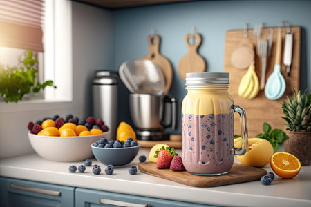 Healthy berry smoothie in a glass jar on the kitchen tableの素材