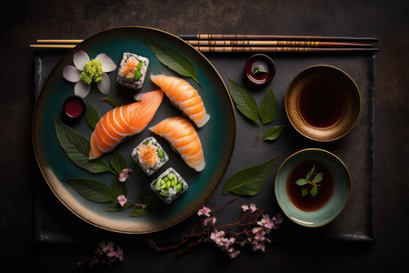 Sushi set with salmon, shrimp, avocado, cucumber, wasabi and soy sauce on dark backgroundの素材