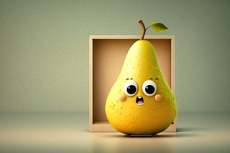 Funny yellow pear in a wooden box on a gray background.の素材