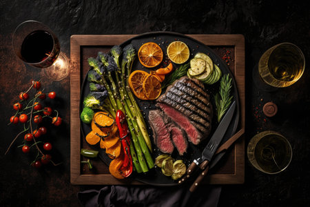 Grilled beef steak with asparagus and vegetables on a wooden boardの素材