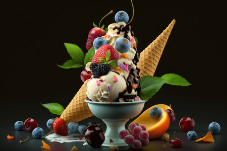 Ice cream with fruits and berries in a bowl on a black backgroundの素材