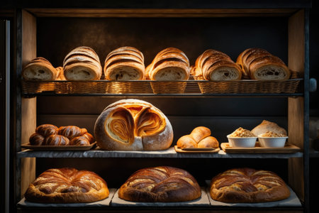 Bakery products in a bakery shop. Freshly baked buns, croissants, buns on a shelf in a bakeryの素材