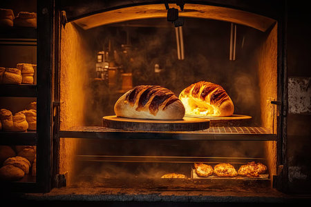 Freshly baked bread in oven at bakery. Bakery conceptの素材