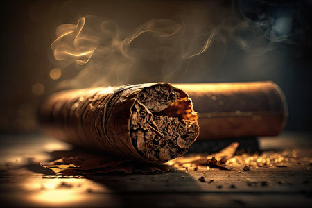 Cigar on a wooden table. Cigar smoke backgroundの素材
