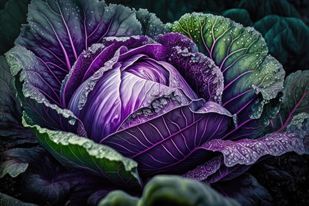Purple cabbage with dew drops close up. Nature backgroundの素材