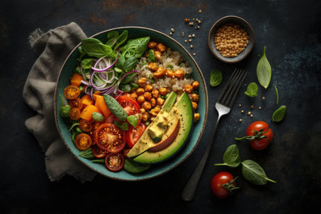 Healthy Buddha bowl with chickpeas, tomatoes, avocado, spinach and couscous on dark backgroundの素材