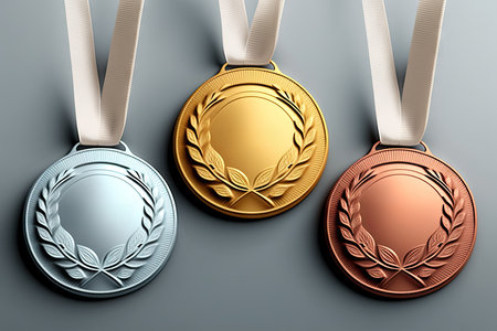 Gold, silver and bronze medals on a gray backgroundの素材