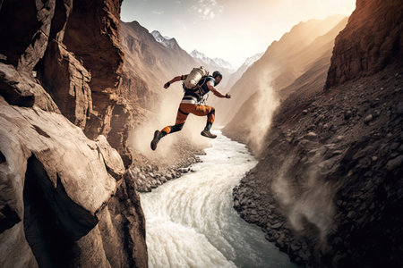 A rock climber jumps over a mountain riverの素材